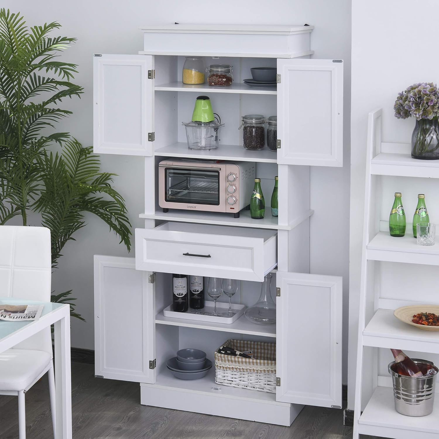 HOMCOM Traditional Freestanding Kitchen Pantry Cabinet Cupboard with Doors and Shelves, Adjustable Shelving, White: Furniture & Decor