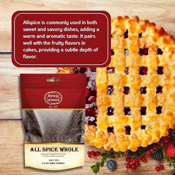 SPICY WORLD WHOLE ALLSPICE BERRIES 14 OZ RESEALABLE BAG | ALL SPICE PIMENTO JAMAICA PEPPER FOR COOKING & SEASONING | VERSATILE BERRY FOR CURRIES, SOUPS AND EVEN PASTRIES