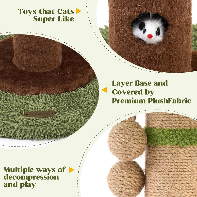 Tiragraffi per gatti alto 89 cm, con foro per topi e corda in sisal, per adulti, gatti e gattini, con giocattolo per gatti e palla da appendere, per gatti da interni (verde)