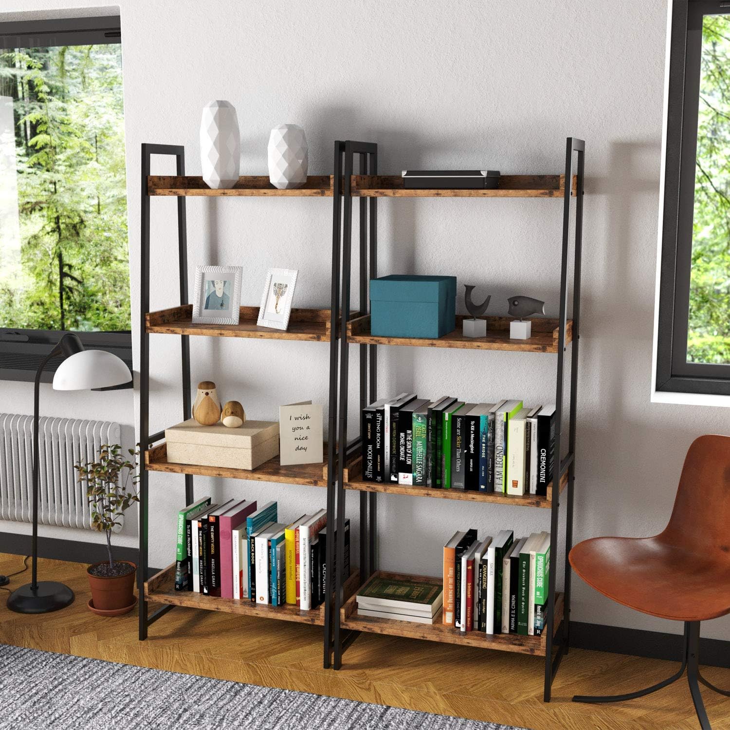 IRONCK Industrial Bookshelf, 4-Tier Ladder Shelf, Storage Shelves Rack Shelf Unit, Wood Look Accent Furniture Metal Frame, Vintage Home Office Furniture for Bathroom, Living Room, Rustic Brown: Kitchen & Dining