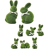 naturevibe 10/5 Inches Moss Easter Bunny Home Decor,Set of 8 Green Faux Moss Parents n Baby Rabbit for Easter Decorations,Cute Bunny Figurines as Spring Decor