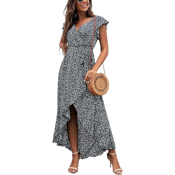 Women's Boho Floral Maxi Dress – Short Sleeve, V-Neck, Ruffle Hem For Summer & Beach - View #8