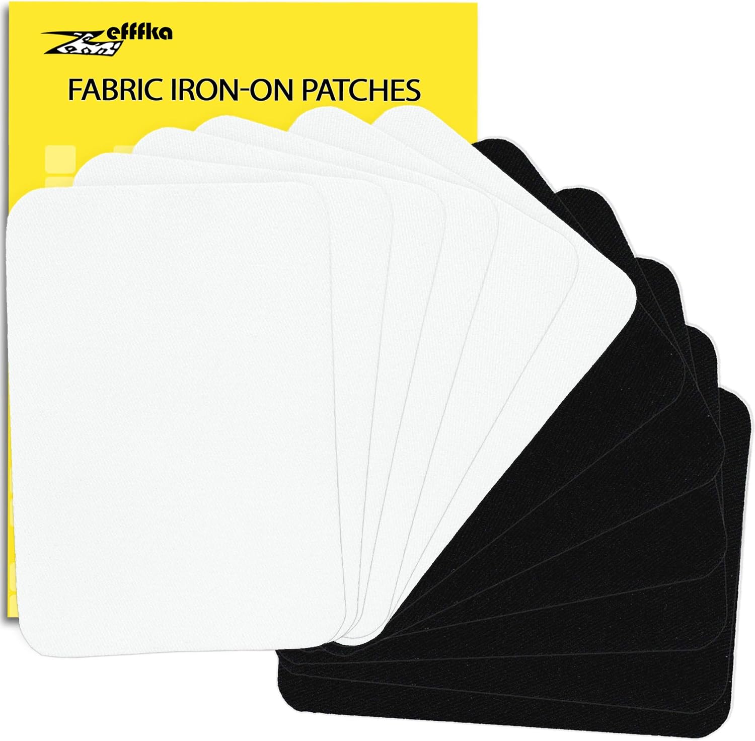 ZEFFFKA Fabric Iron-on Patches Inside & Outside Strongest Glue 100% Cotton Black and White Repair Decorating Kit 12 Pieces Size 3" by 4-1/4" (7.5 cm x 10.5 cm)