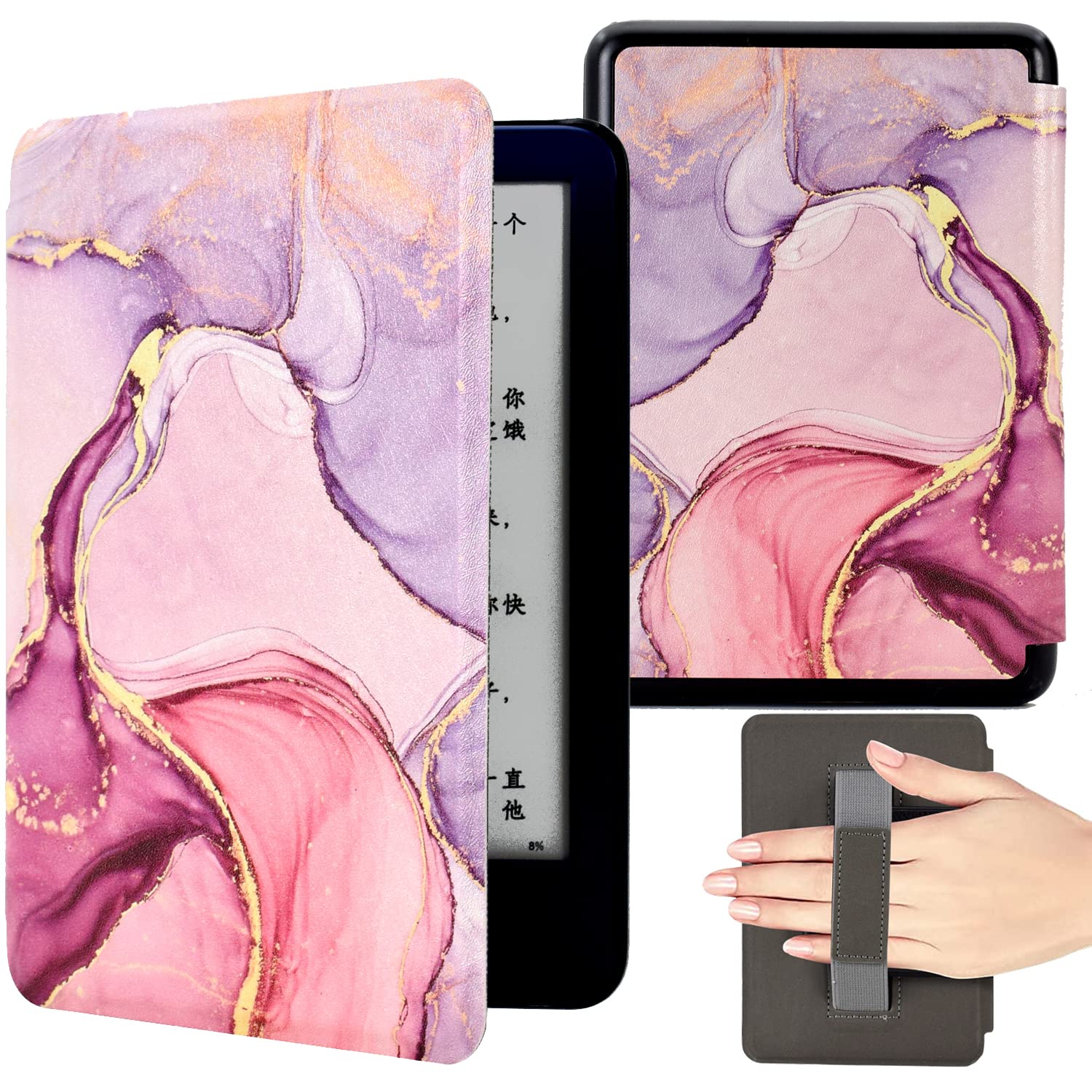 KEROM Case for 6" New Kindle (11th Generation, 2024/2022 Release), Slim Lightweight PU Leather Cover Case with Hand Strap and Auto Wake/Sleep for Kindle 2024/2022 11th Gen e-Reader, Pink Marble