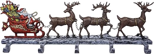 Lulu Decor Cast Iron Christmas Stocking Holder With 5 Hooks Weight 10 Lbs Unique Design Of Santa On Decorated Sleigh With 3 Deer 28 Long