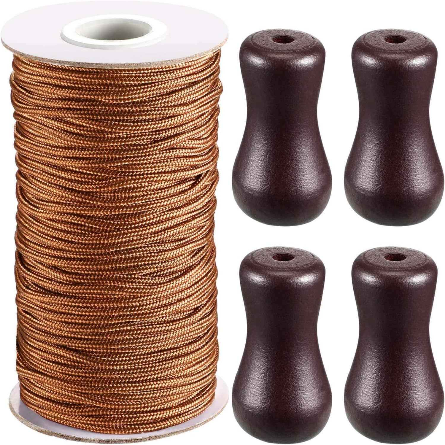 1.8 mm Braided Lift Shade Cord 55 Yards/Roll with 4 Pieces Wood Pendant for Aluminum Blind Shade, Gardening Plant and Crafts (Brown)