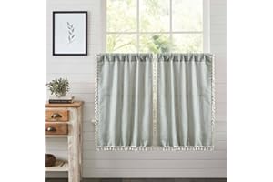 RoomTalks Sage Green Boho Farmhouse Kitchen Curtains 36 Inch Length Striped Summer Spring Cute Modern Chic Cotton Polyester Tassel Short Cafe Curtains for Small Window Kitchen Bohemian Decor
