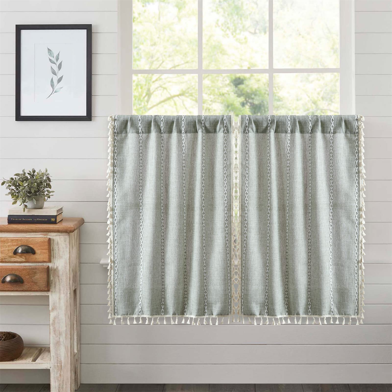 Photo 1 of RoomTalks Green Boho Farmhouse Kitchen Curtains 45 Inch Length French Striped Modern Vintage Chic Textured Tassel Charcoal Short Cafe Curtains for Small Window Kitchen Bathroom Decor