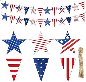 Patriotic Star Garland Party Decorations 4.92 Feet 4th of July and Wooden Triangle Garland Hanging Garland for 4th of July Patriotic Party Indoor Outdoor Hanging Decor, 12 Stars,12 Triangles
