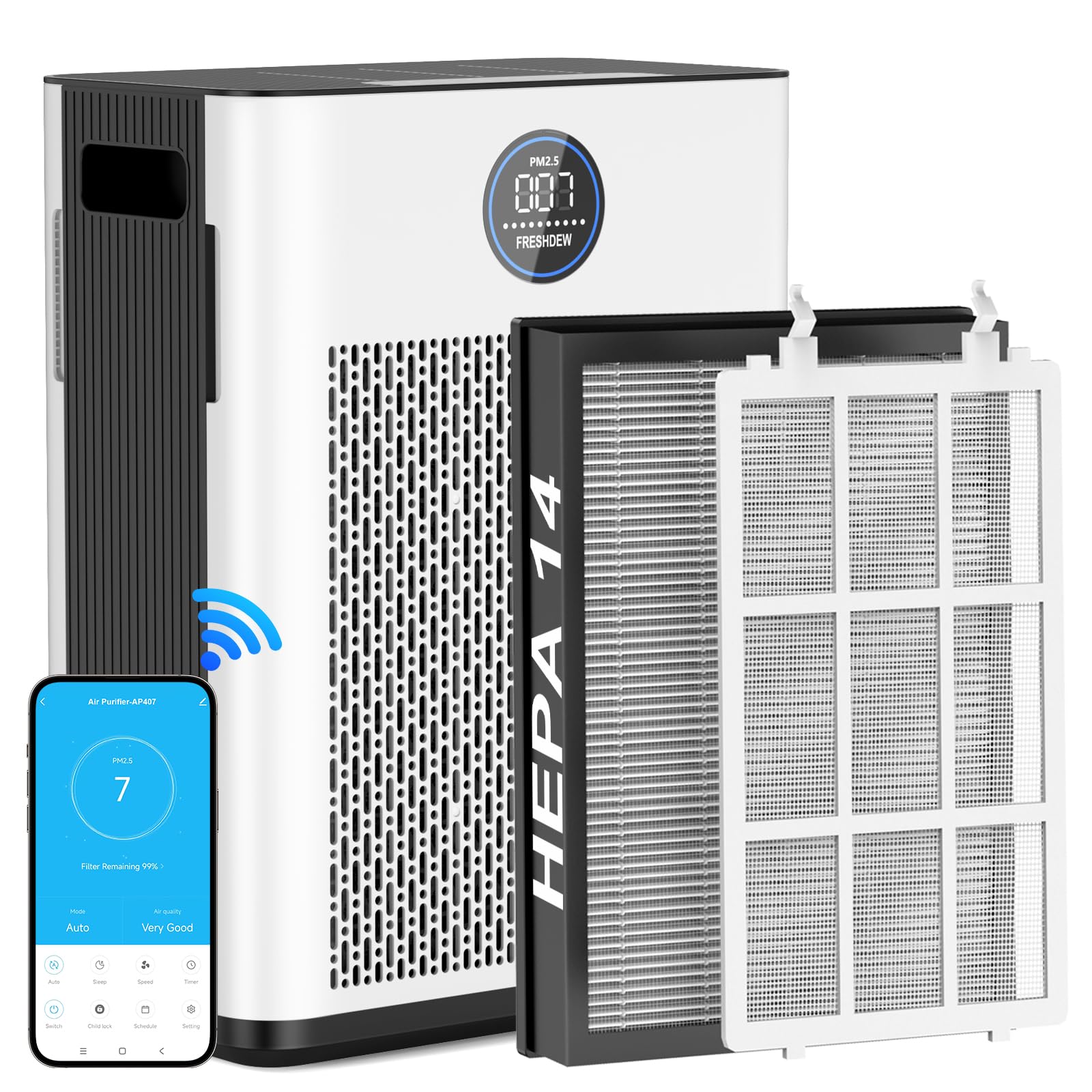 Photo 1 of Air Purifier,FREHSDEW Smart WiFi Air Purifiers for Home with H14 HEPA and Activated Carbon Filter, Removes 99.99% of Dust,Odors,Smoke,and Pet Hair Covers up to 2300 Sq.Ft, Quiet and Energy Efficient