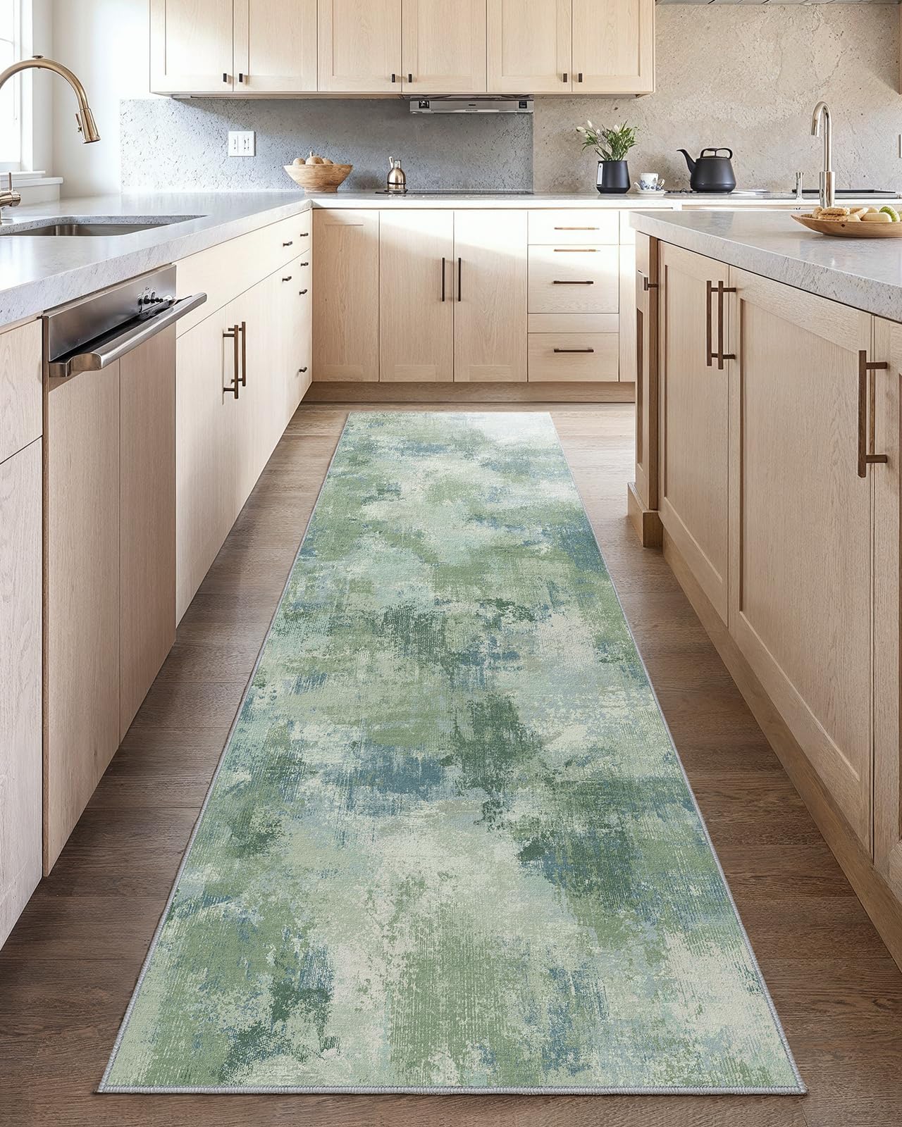 Runner Rugs for Hallway 2'6"x10', Modern Abstract Machine Washable Runners for Kitchen Entryway Bathroom Bedroom Laundry RoomLow Pile Lightweight Thin Non Slip Runner Rug, Green Image