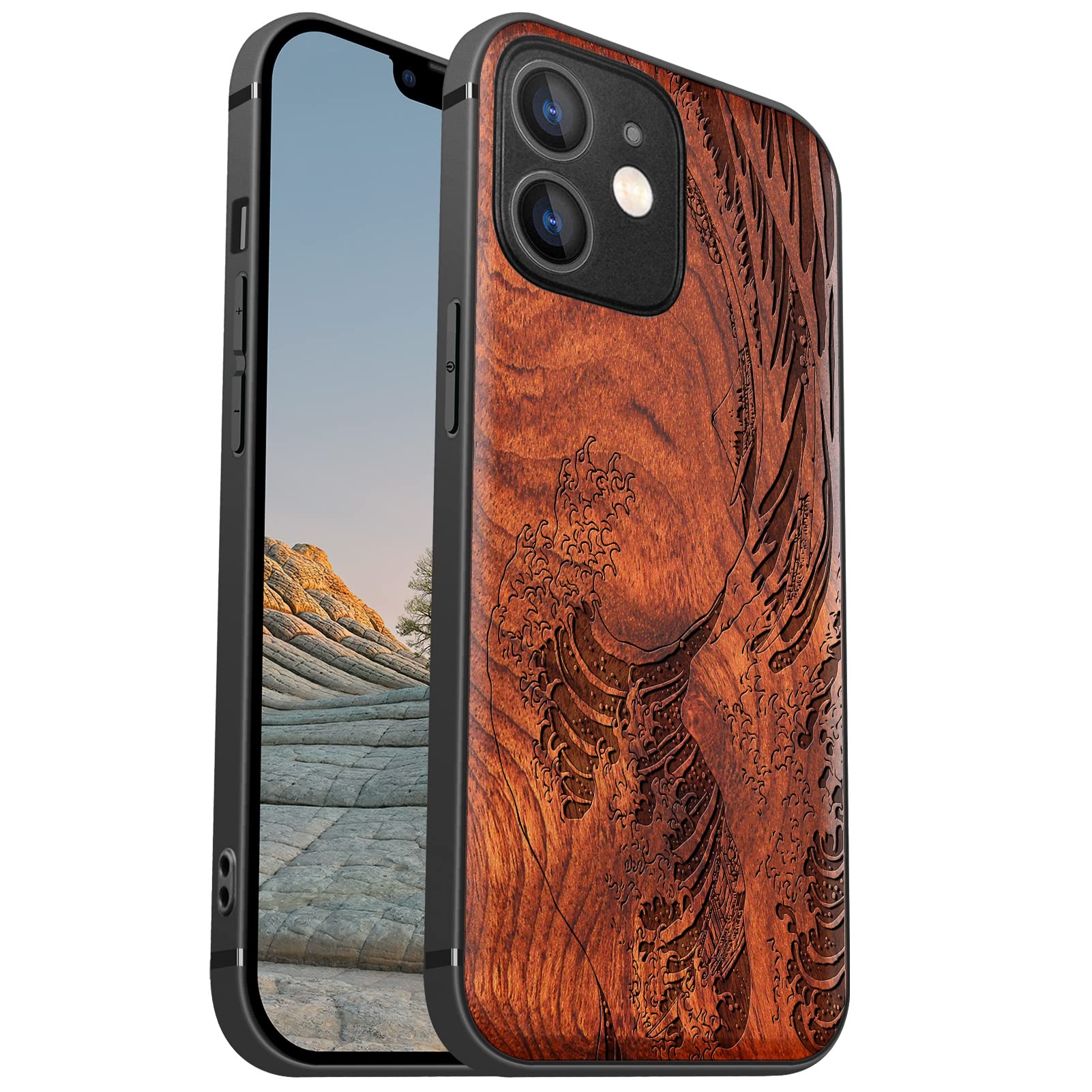Carveit Magnetic Wood Case for iPhone 12 Mini - Hard Real Wood & Soft TPU - Shockproof Protective Cover - Unique & Classy Wooden Case - Compatible with MagSafe - The Great Wave Off Kanagawa - Rosewood