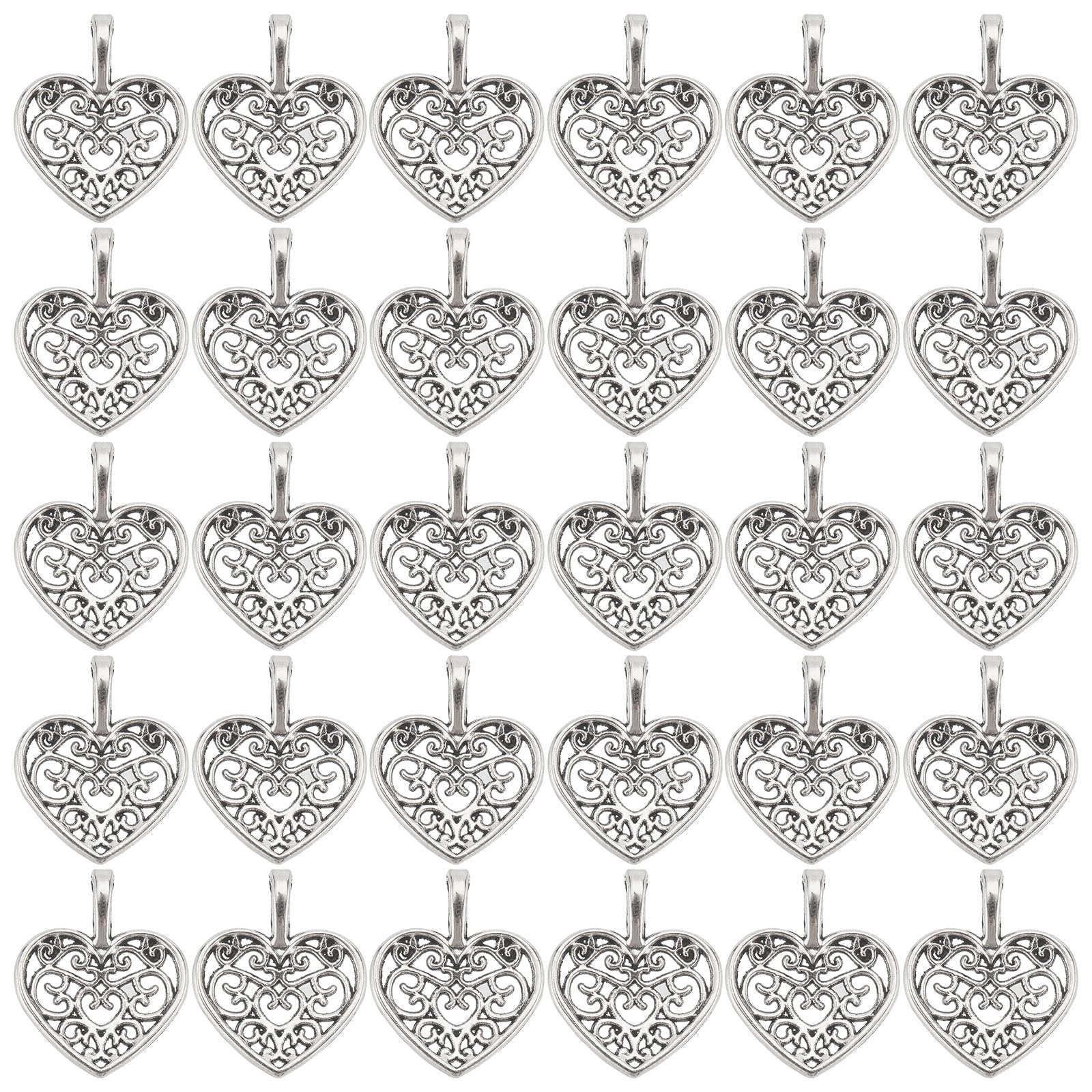 PH PandaHall 100pcs Heart Charms Silver Charms Necklace Charm Hollow Heart Pendants Tibetan Alloy Love Charm for Mother's Day Jewellery Making Anniversary Wedding Party Decor 18x15mm