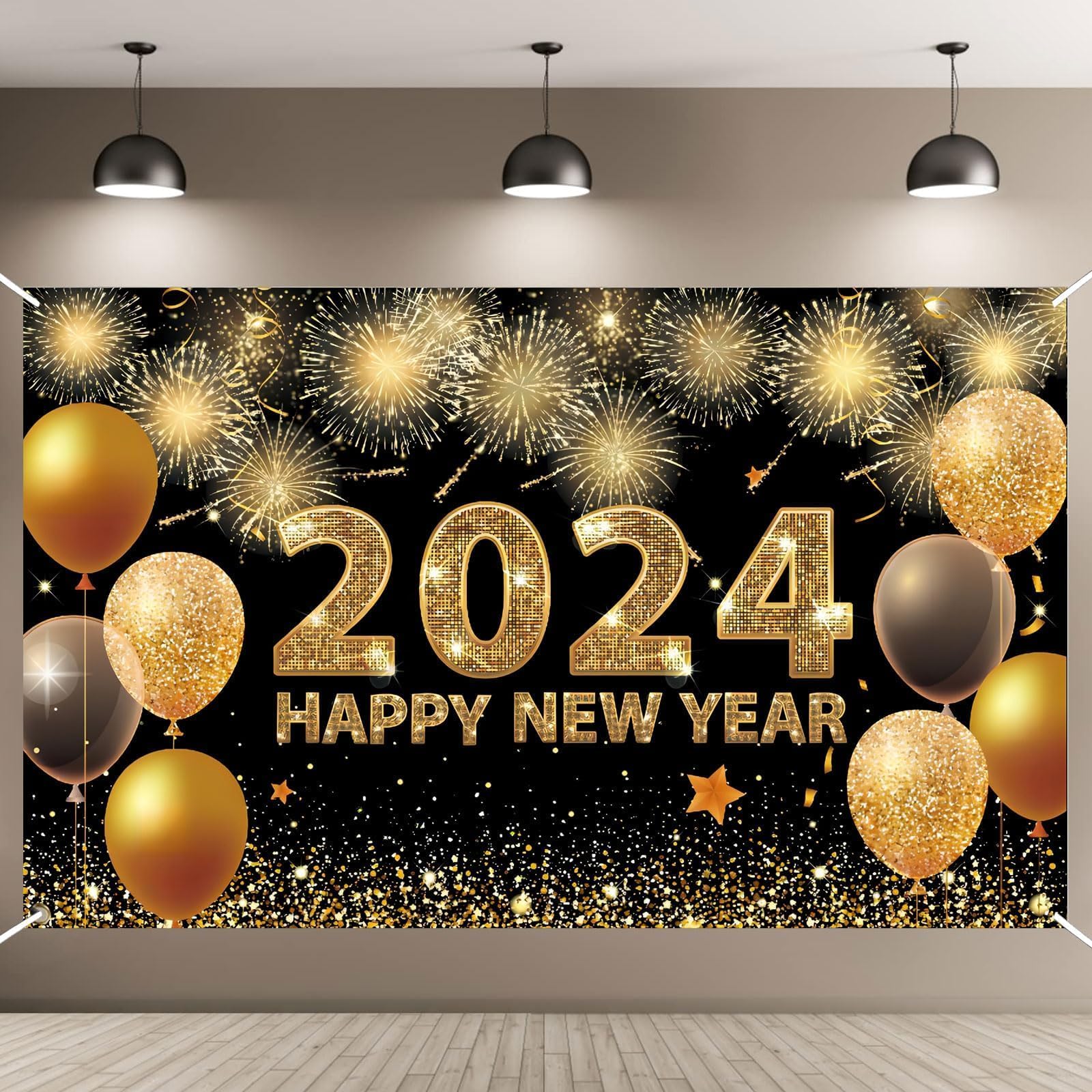 New Years Eve Decorations 2024, Extra Large Happy New Year Banner with String, 180x110CM Happy New Year Decorations 2024 Banner Black Gold Fireworks New Year Backdrop for Party Decorations Christmas — image 1