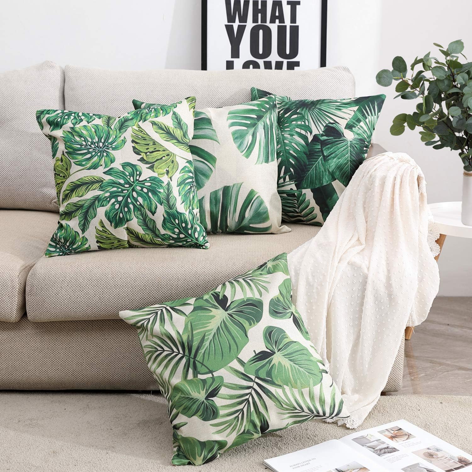 Olivachel Throw Pillow Covers 18x18 Inch Cotton Linen Both Sides Print Pattern Tropical Leaves Decorative Cushion Cases Home Decor for Sofa Car Bed Coach Farmhouse - Pattern #12 (4 Pack)