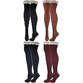 SUMONA 4 Pairs Women Wool Cable Knit Knee High/Thigh High/Crew Winter Boot Socks 9-11 (4 Pairs Over Knee High W/Lace, 9-11)