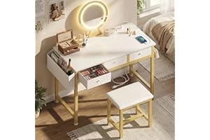 KAI-ROAD Girls Vanity Desk with Mirror and Lights Small Makeup Vanitys Set with Chair Fabric Drawers Power Outlet, Dressing Table Vanities for Kids Bedroom 40“ White and Gold