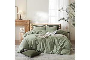 OTOB Sage Green Duvet Cover Set Full Queen Size Bedding Sets 100% Washed Cotton 3 Piece Aesthetic Bedding Bed Set Gift with 2 Pillow Shams Zipper Closure 4 Corner Ties for Him and Her, Full/Queen