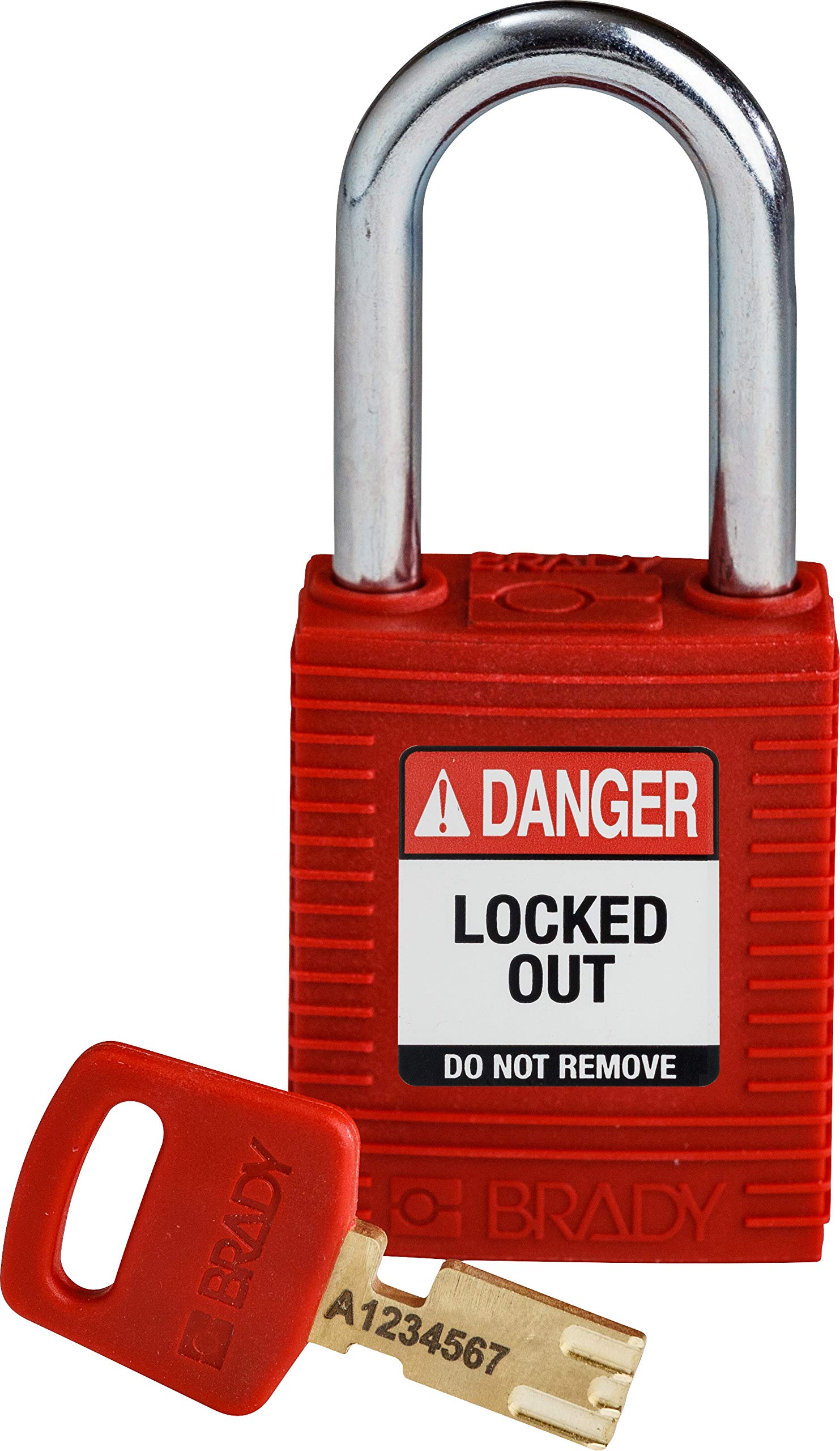 Brady SafeKey Nylon Padlock, Steel Shackle, 38mm x 84mm x 19mm, Red