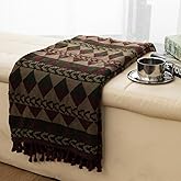 Gealaek Boho Throw Blanket Lightweight Soft Cozy Decorative Blankets for Sofa Bed Farmhouse Throw Blanket Aztec Blanket with Tassel Khaki Olive Wine Checkered 50" x 60"