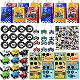 Monster Truck Birthday Party Favors Kit,110 Pcs Mini Big Trucks Party Favors Pack Including Racing Keychain Bags Stickers Ring etc Monster Truck Birthday Party Decorations Favors