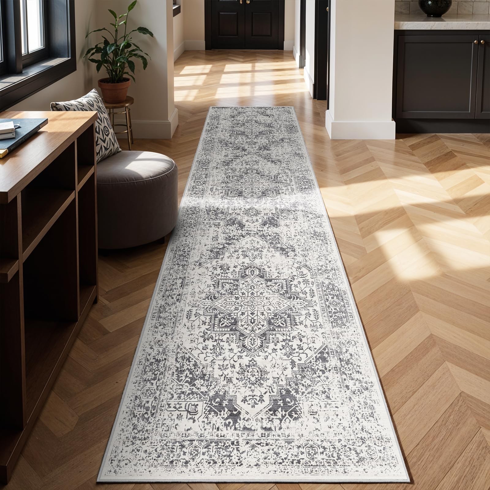 3x14 Washable Hallway Runner Rug - Non Slip Kitchen Runner Rugs with Rubber Backing Vintage Low-Pile Carpet Runners for Entryway Dining Room Laundry Room Home Decor (Distessed Grey) Image