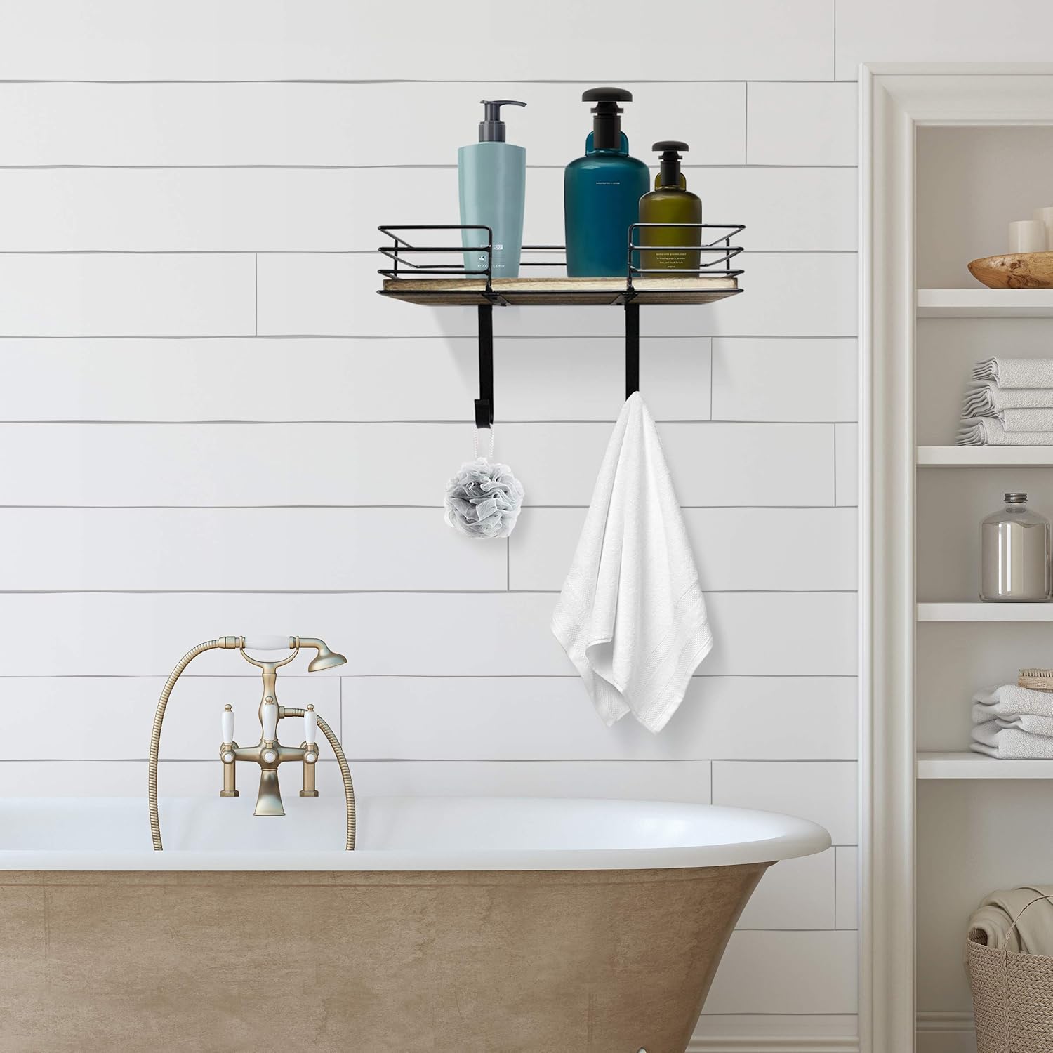 Ironing Board Hanger Wall Mounted, Iron and Ironing Board Holder with Large Storage, Metal Wall Mount with Wooden Base Storage Basket and Removable Hooks for Laundry Room: Home & Kitchen