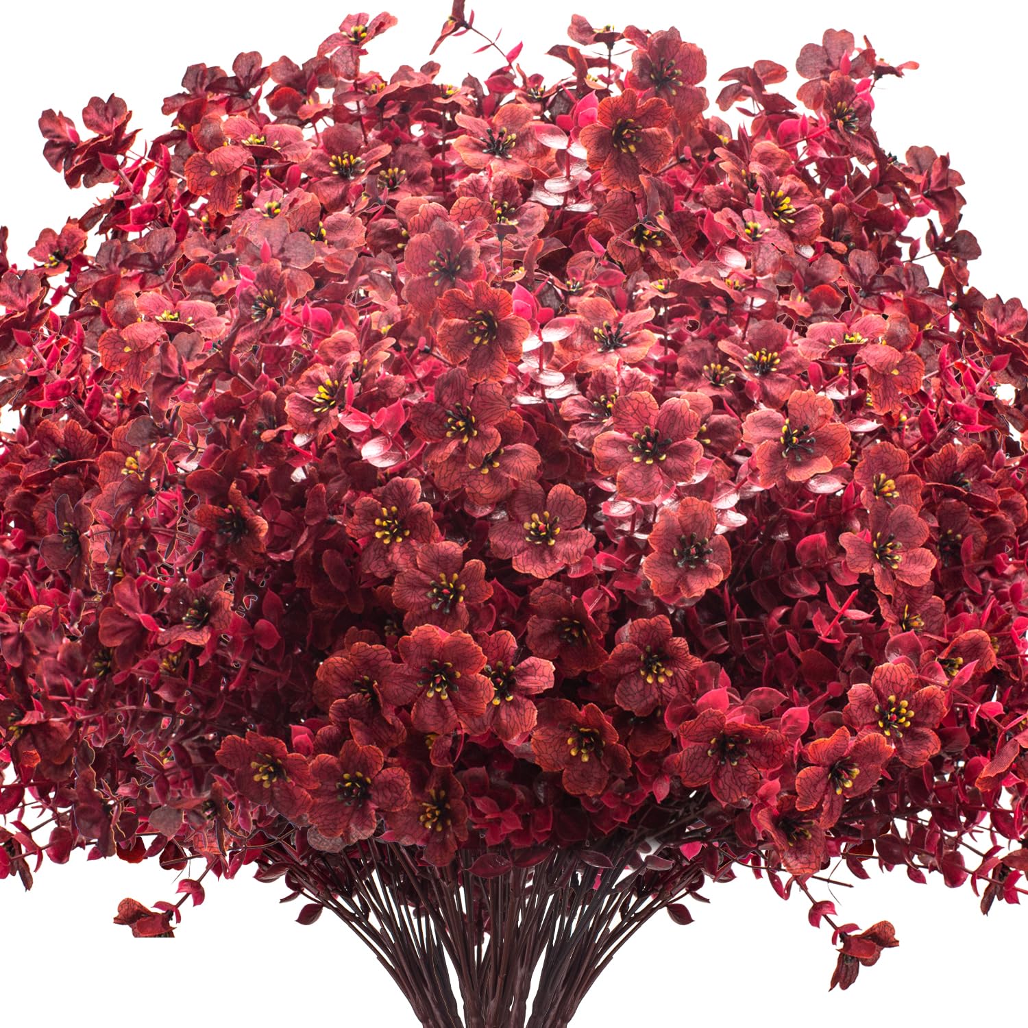 Photo 1 of 16 Bundles Artificial Boxwood Flowers Outdoor UV Resistant, 13.5" Fall Faux Greenery for Porch Planters Thanksgiving Decor - Fake Plants for Garden, Fireplace, Front Door(Wine Red)