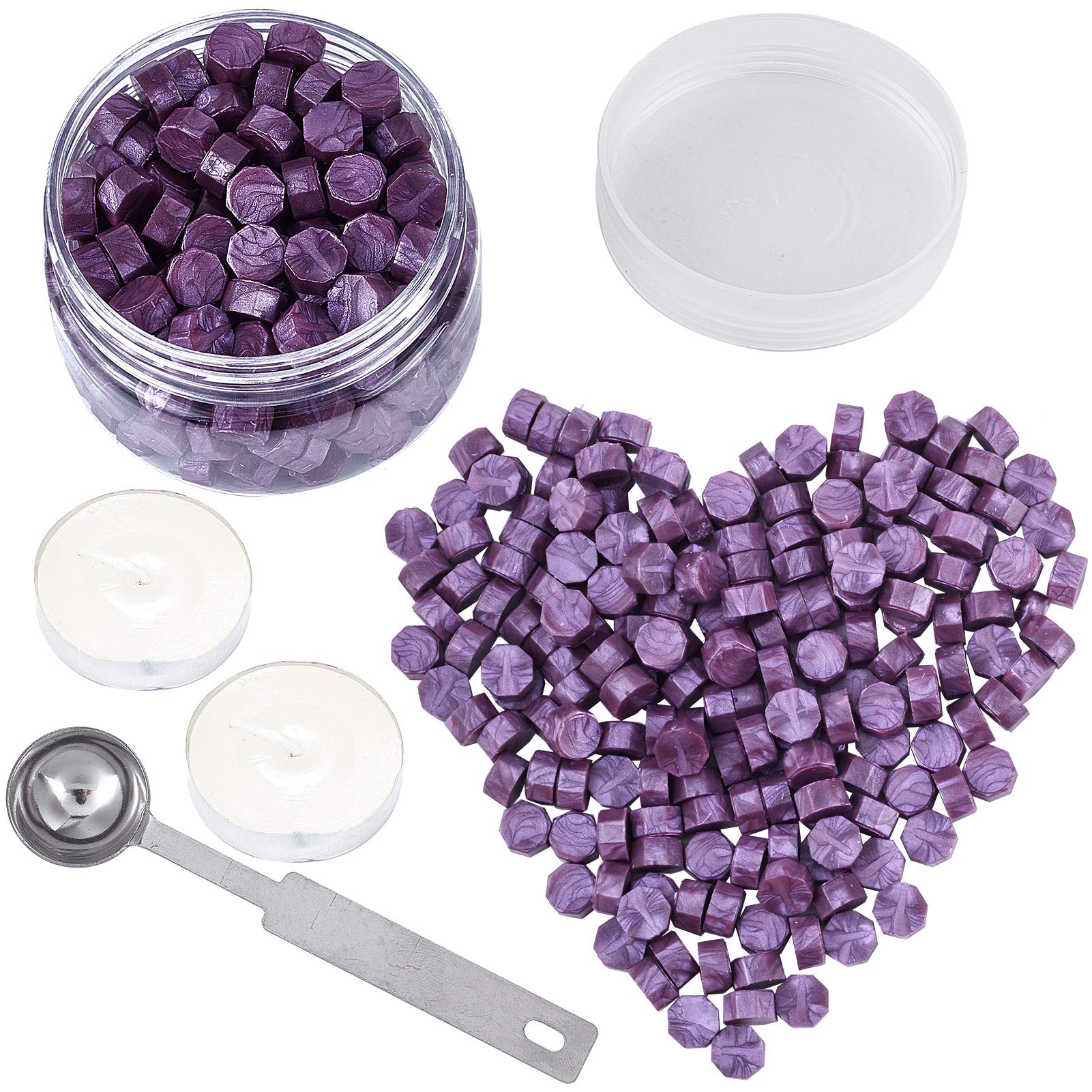 CRASPIRE 210 Pieces Sealing Wax Beads Set Wax Seal Beads Kit with 1Pcs Melting Spoon and 2Pcs Tealight Candles for Wax Seal Stamp Letter Wedding Gift (Lilac Colour)