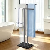 Free Standing Towel Racks for Bathroom, Towel Holder Stand with Marble Base | 2-Tier Standing Towel Rack for Bathroom Floor, Stainless Steel, Anti-Slip Pads, T Shape Freestanding Towel Drying Rack, Black