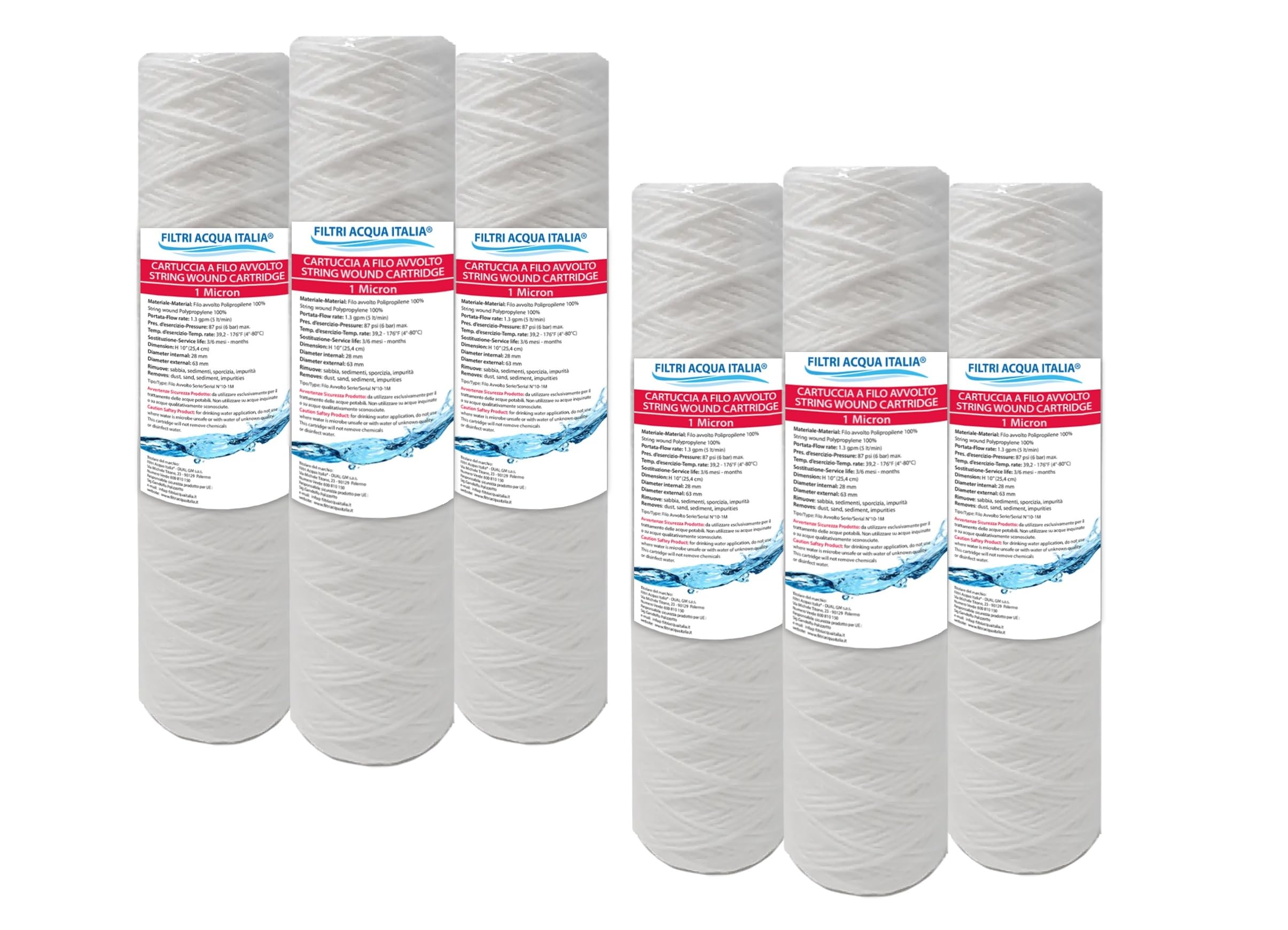 Filtri Acqua Italia 8054134630338 Cartridge Filter Wire Wrapped 10 Inch Micron 1 Polypropylene Sediments Set 6 Pieces