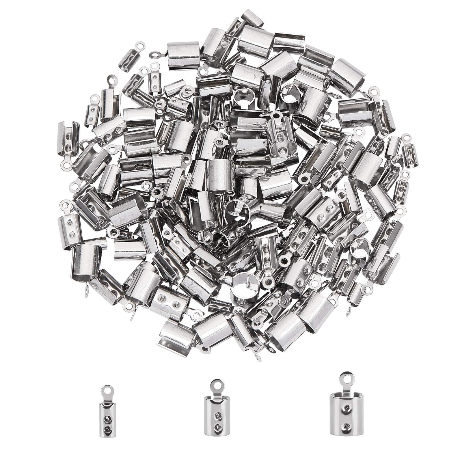 UNICRAFTALE about 150pcs 3 Sizes Folding Crimps Cord Ends Stainless Steel Folding Crimp Ends Crimp Bead for Necklace Cord Jewelry Making, Stainless Steel Color