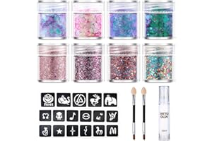 AVJONE Tattoo Glue + Glitter(8 Colors) + Tattoo Stickers(11 Random Patterns), 3-in-One Set, with 2 Brushes