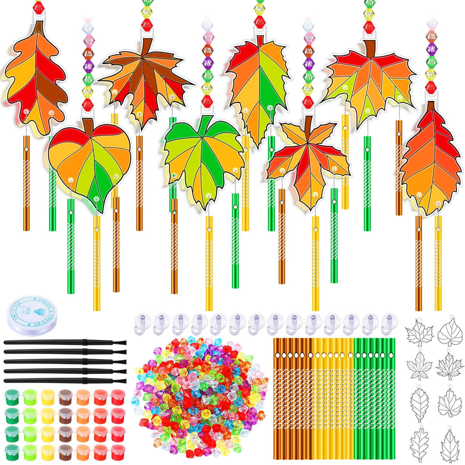 Photo 1 of VioraWhite 24 Sets Fall Maple Leaf Suncatchers Wind Chimes Window Art Kits, DIY Sun Catchers Wind Chimes Bulk Ornaments Painting Craft Kits for Boys Girls Home Party Activity Autumn Thanksgiving