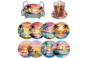 YANFAIRY 8 PCS Beach Moon Diamond Art Coasters Kits, Diamond Painting Coasters with Holder Set of 8, DIY Drink Coasters Art Crafts Supplies for Adults Cup Mat for Home Decor House Warming Gifts 3.9inch