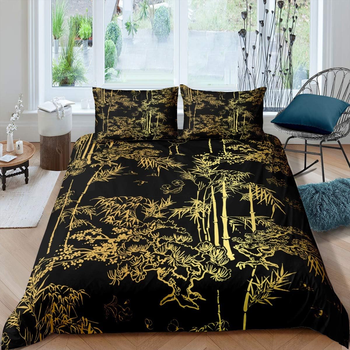 Loussiesd Luxury Black Gold Bedding Bamboo Comforter Cover for Man