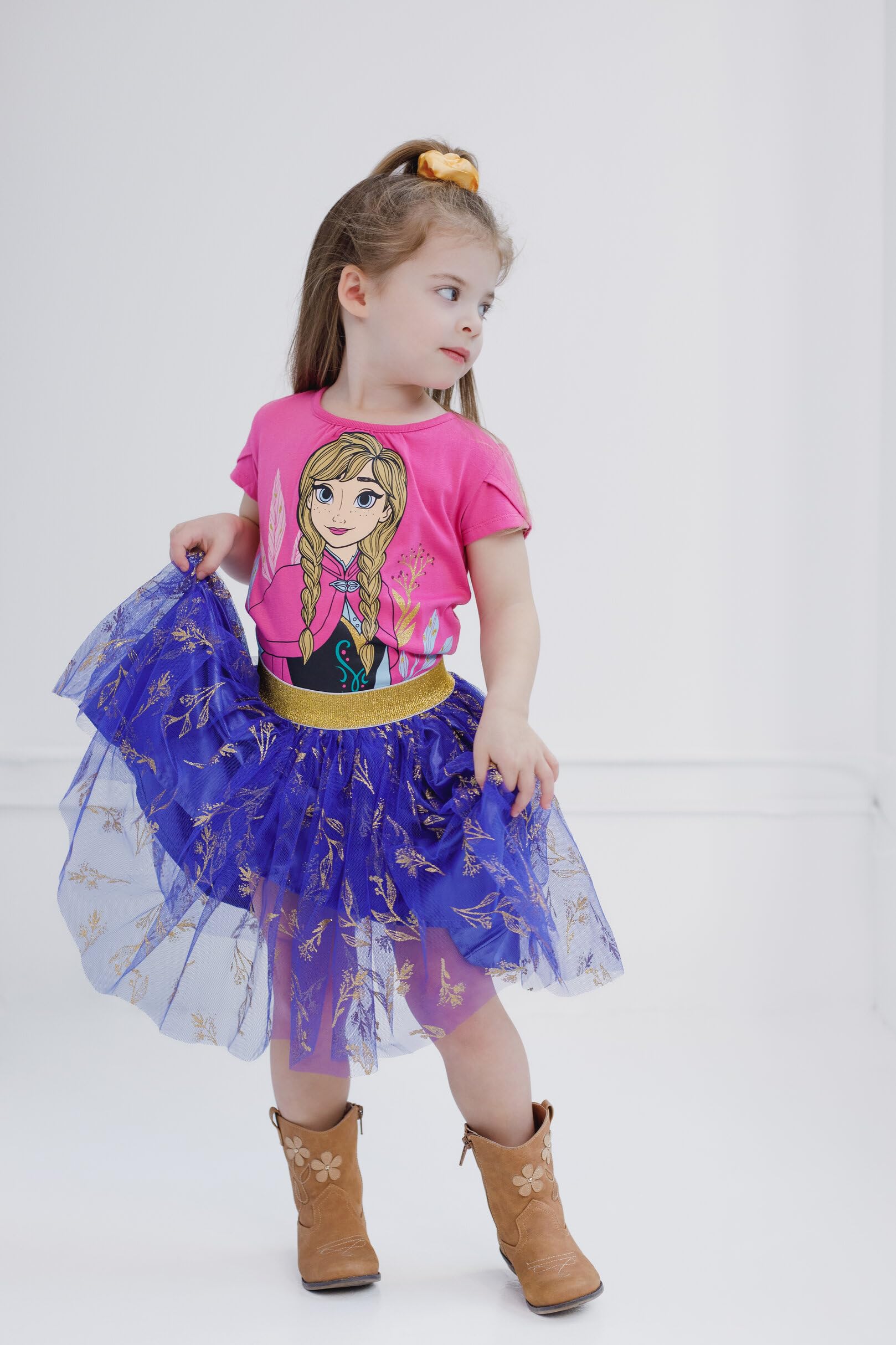 Disney Princess Moana Frozen Girls T-Shirt Tulle Mesh Skirt and Scrunchie 3 Piece Outfit Set Toddler to Big Kid