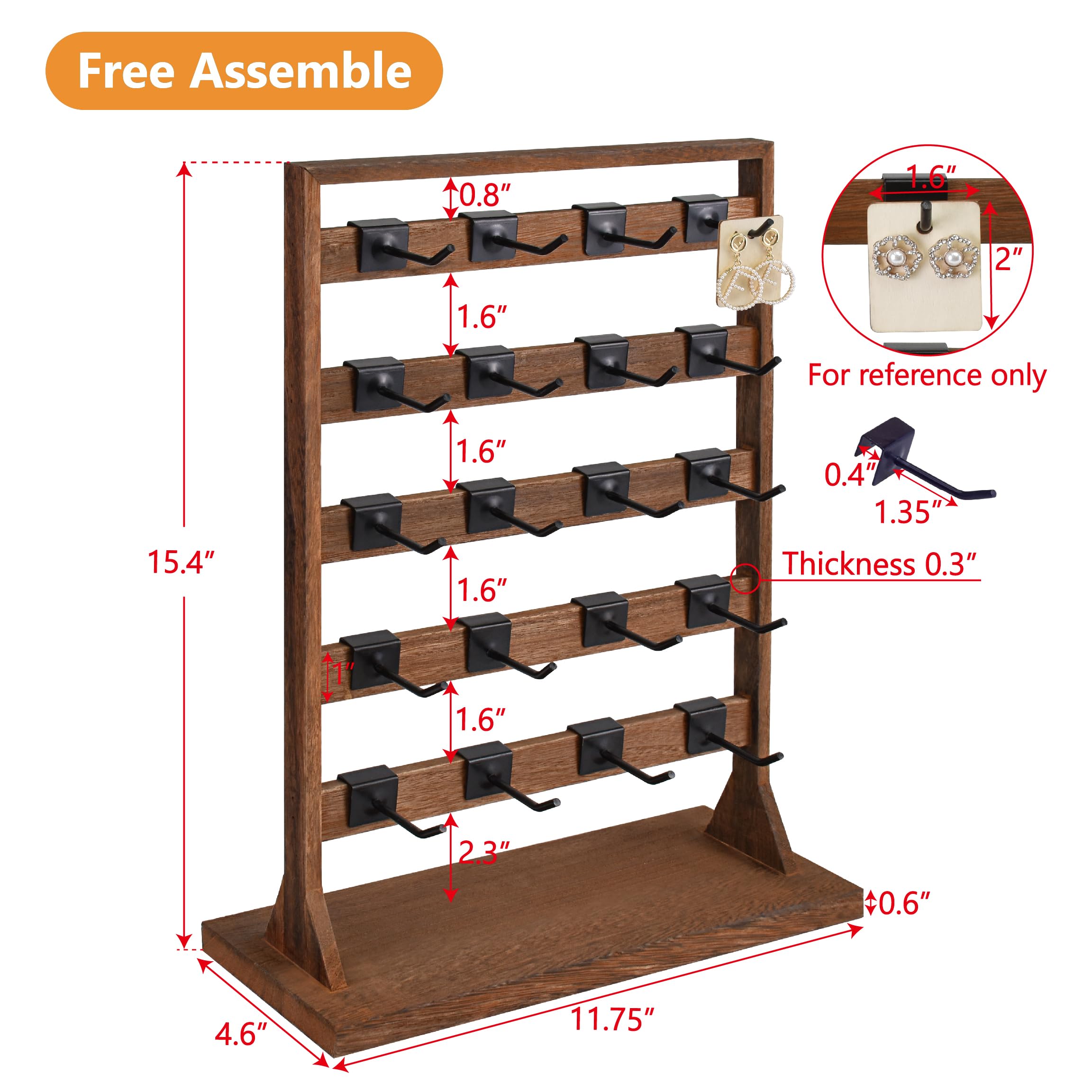 Ikee Design 5 Tiers Wooden Jewelry Display Rack with 20 Removable Metal Hooks,Earring Card Display Stand,Jewelry Organizer,Bracelet Organizer,Keychain Stand,Brown Color