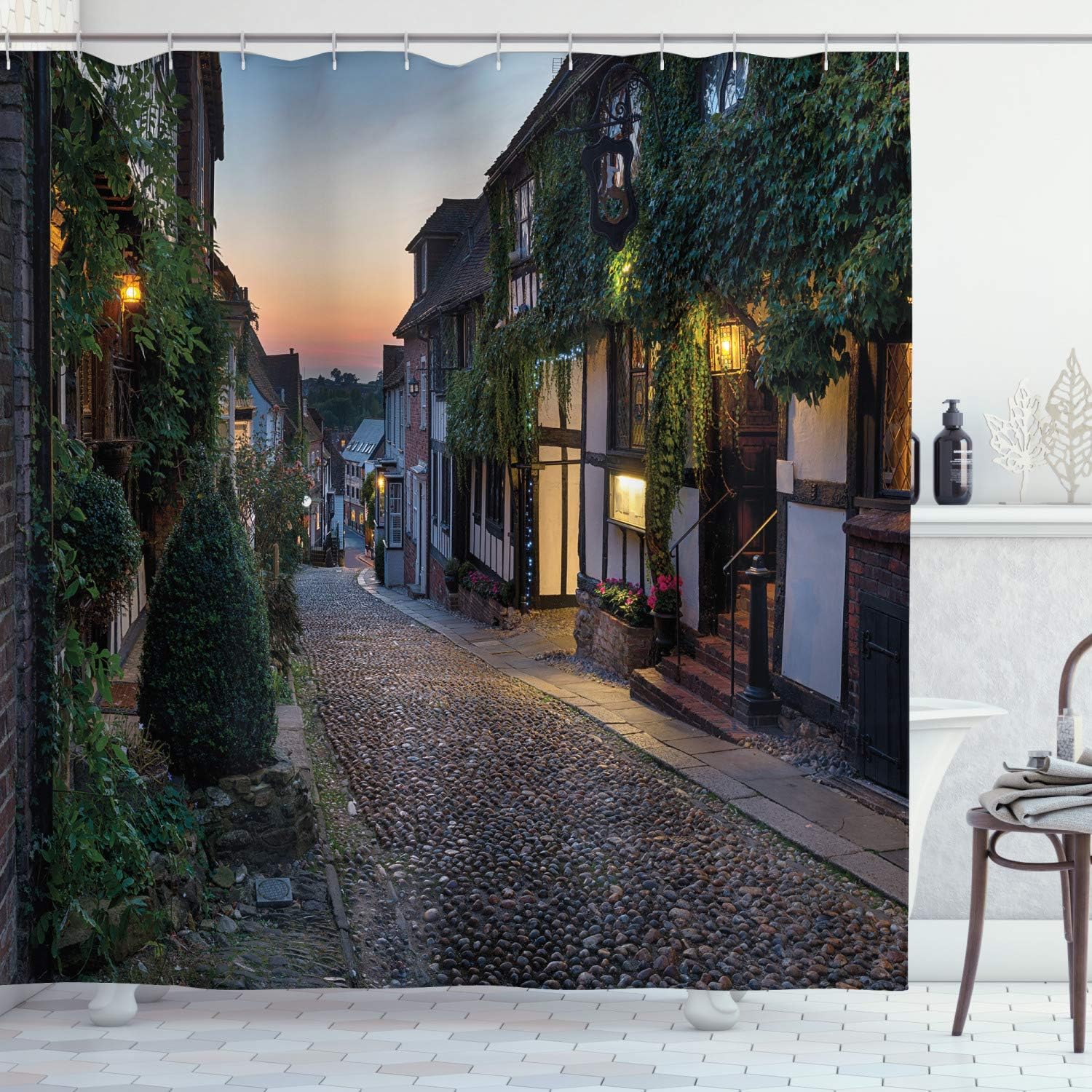 Ambesonne Wanderlust Shower Curtain, Nighttime on The Cobbles at Mermaid Street in East Sussex Cottages Houses, Cloth Fabric Bathroom Decor Set with Hooks, 84" Long Extra, Blue Grey