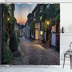 Ambesonne Wanderlust Shower Curtain, Nighttime on The Cobbles at Mermaid Street in East Sussex Cottages Houses, Cloth Fabric Bathroom Decor Set with Hooks, 84" Long Extra, Blue Grey