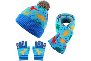 Fourluoo Kids Winter Hat Gloves Scarf Set Dinosaur Children Hat Beanie with Pom Winter Knit Neck Mittens for Boys Toddlers