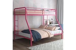 DHP Dusty Metal Bunk Bed Frame, Twin-Over-Full for Kids, Teens, Adults, Angled Ladder, Guardrail, No Boxspring, Small Spaces, Pink