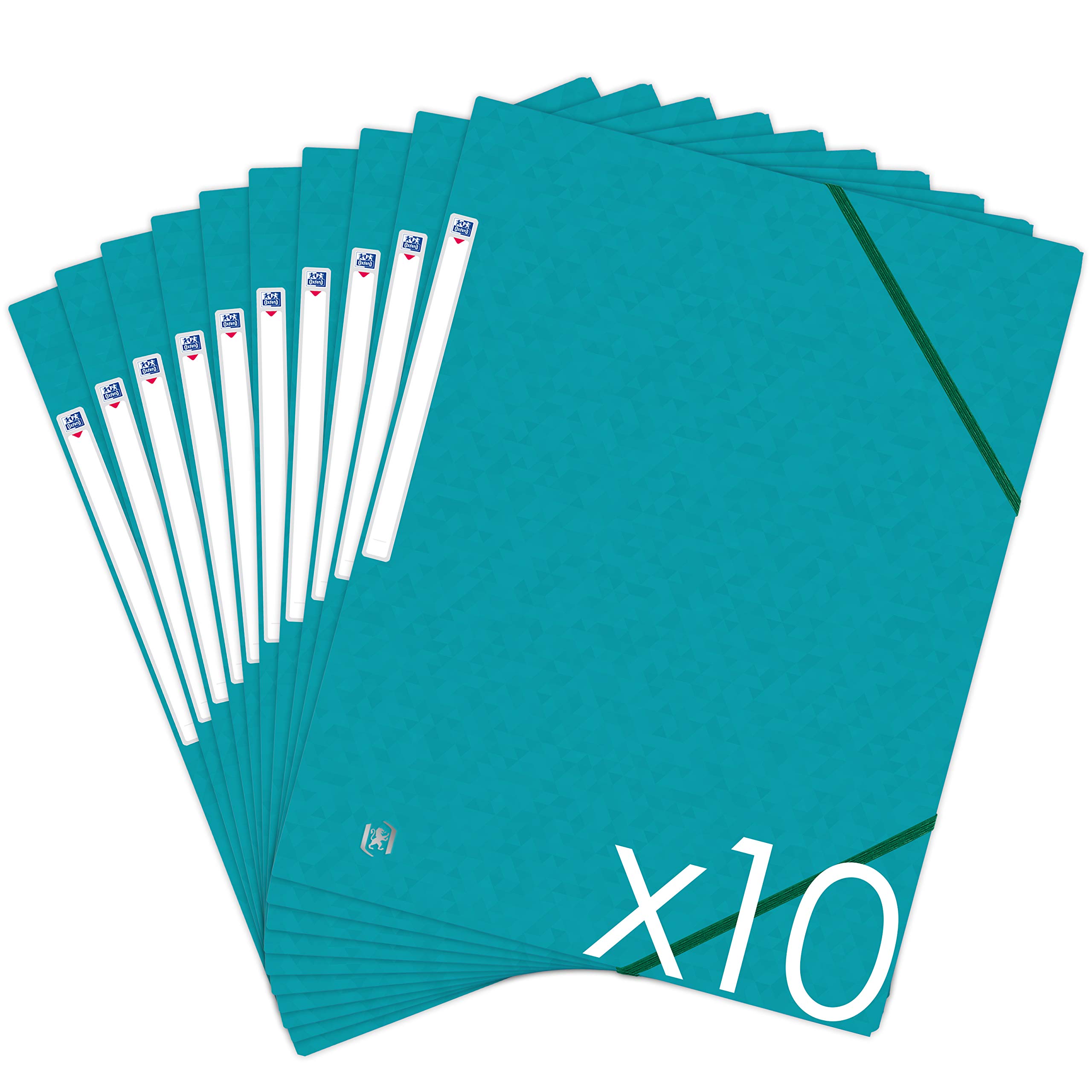 Oxford Topfile+ Pack of 10 Cardboard Folders with 3 Flaps A4 Elasticated Closure - Aqua Blue