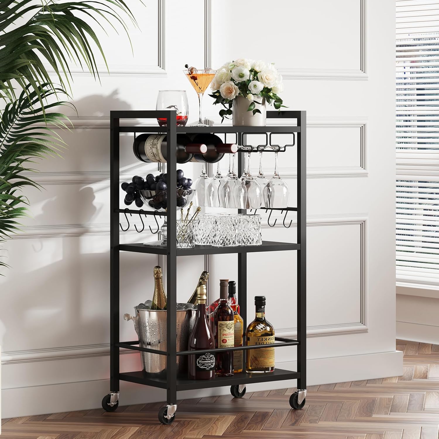 TUTOTAK Mini Drink Cart, 17 inches wide, styled against a panelled wall on a herringbone floor with glassware and a plant