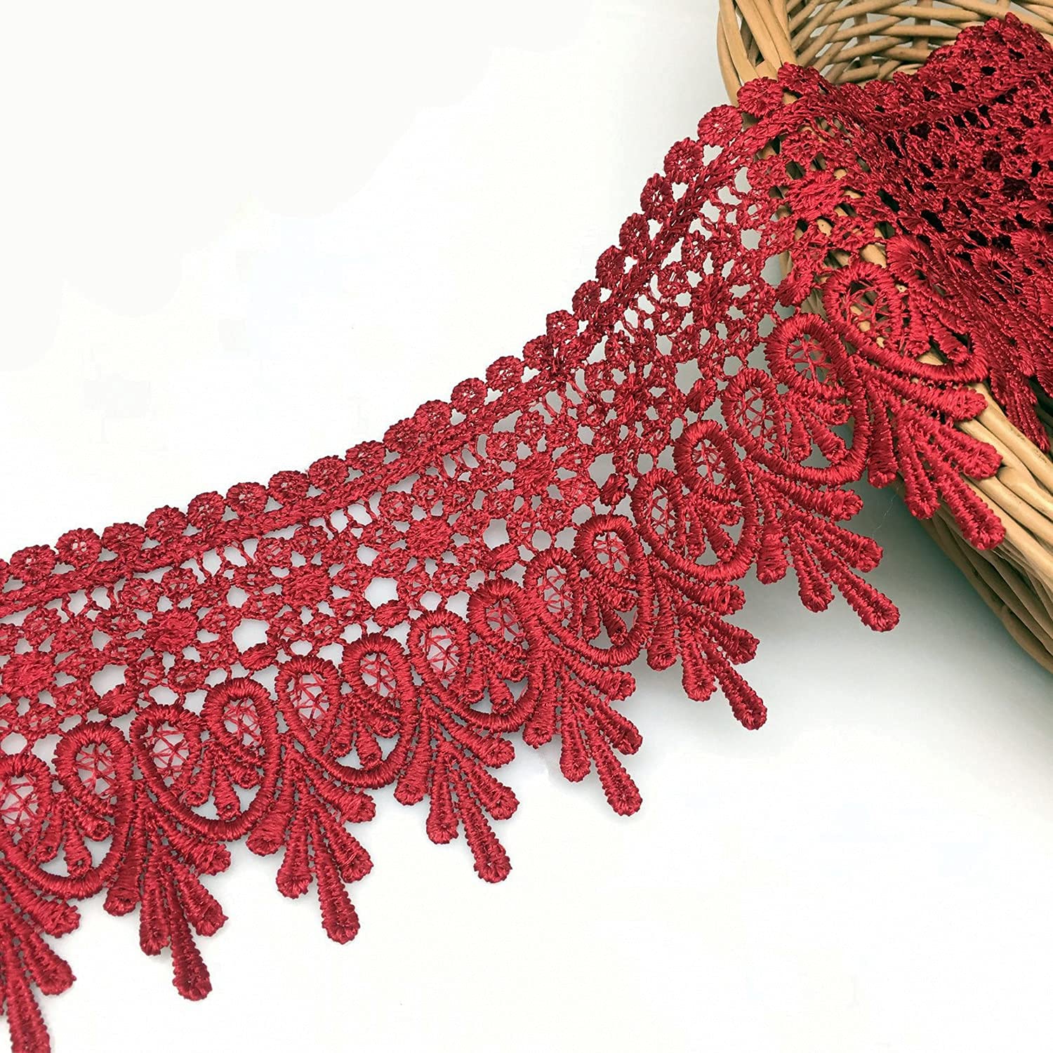 FQTANJU 5 Yard Floral Lace Edge Trim 9cm Wide Ribbon Edging Trimmings Wedding Dress Embellishment Gift Party Decoration Applique DIY Sewing Crafts (Dark red)