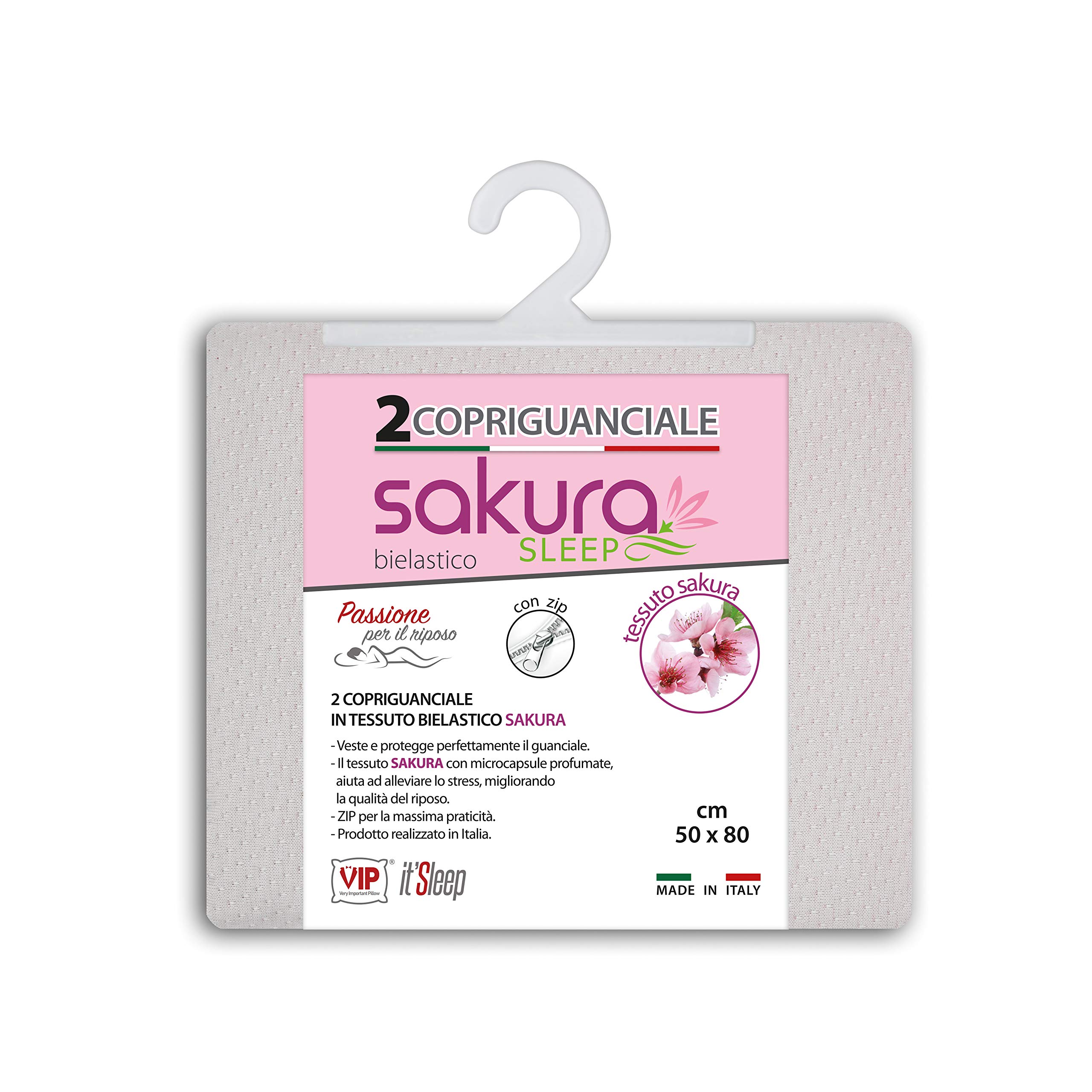 V.I.P. Very Important Pillow V.I.P. Pair of Sakura Elasticated Pillowcases with Zip for Pillow Cushion 50 x 80 cm, Made in Italy, White Bielastic Jacquard Fabric