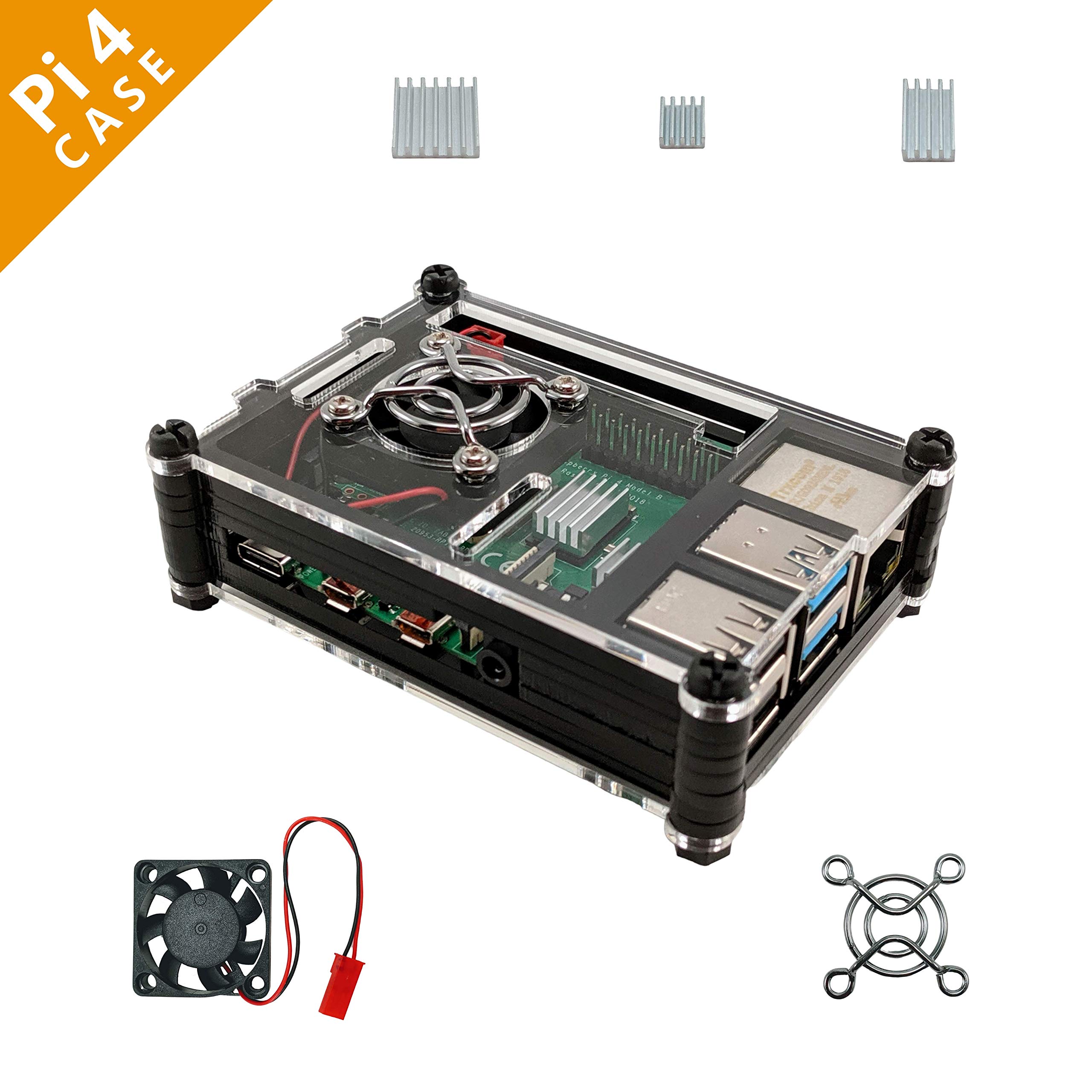 Raspberry Pi Model 4 B Fan Case • Quiet Active Cooling, Aluminum Heatsinks, Protective Metal Guard • Black and Clear Premium Acrylic • Hypercool Tuxedo Edition
