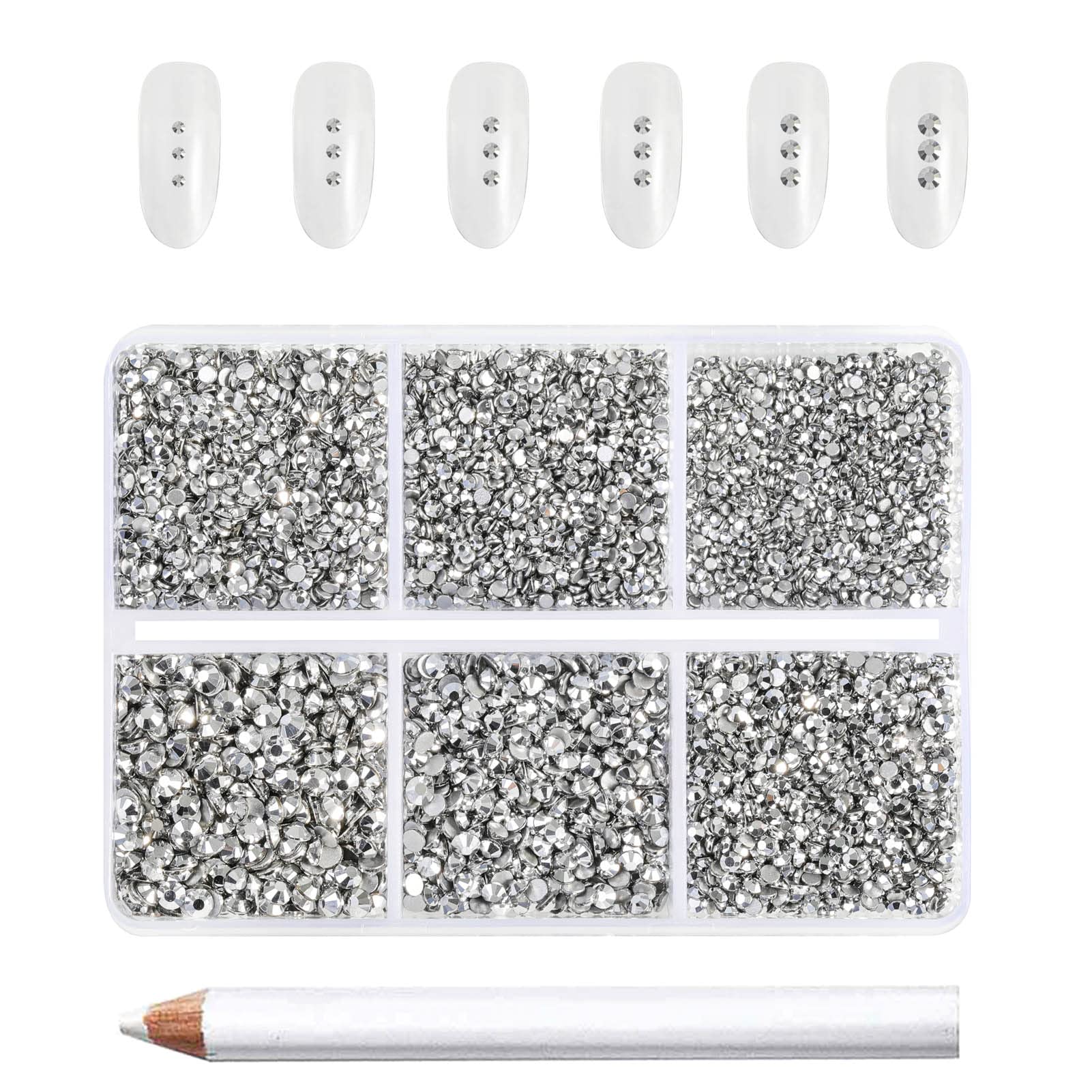Beadsland 7200 Pcs Flatback Rhinestones for Nails,Silver Round Small Crystal Glass Rhinestones Gems for Crafts,Mixed 6 Sizes with Wax Pencil Kit,SS3-SS10,Silver Hematite