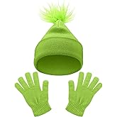 Hicarer Christmas Cosplay Pom Beanie and Gloves Set Neon Green Knitted Winter Cuffed Beanie Cap Gloves Kit for Women Men Xmas Party