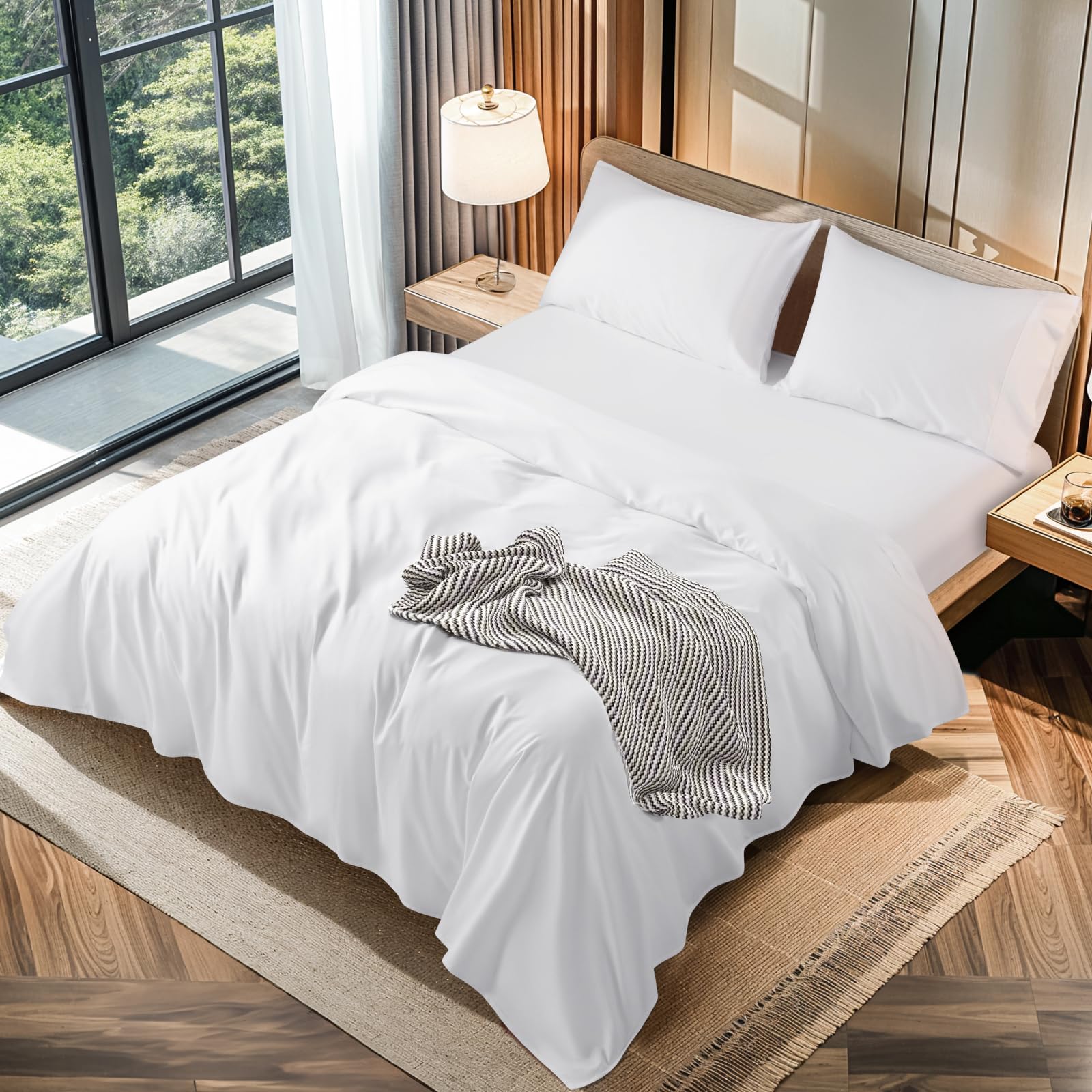 Photo 1 of LBRO2M 100% Cotton 1200 Thread Count King Size Sheets Set Deep Pocket Up to16 inches, Bed Sheet 4 Piece (White, King)